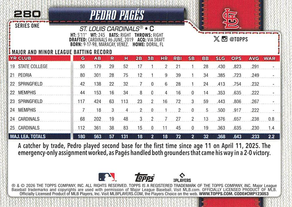 2026 Topps Series 1 Pedro Pages #280 St. Louis Cardinals