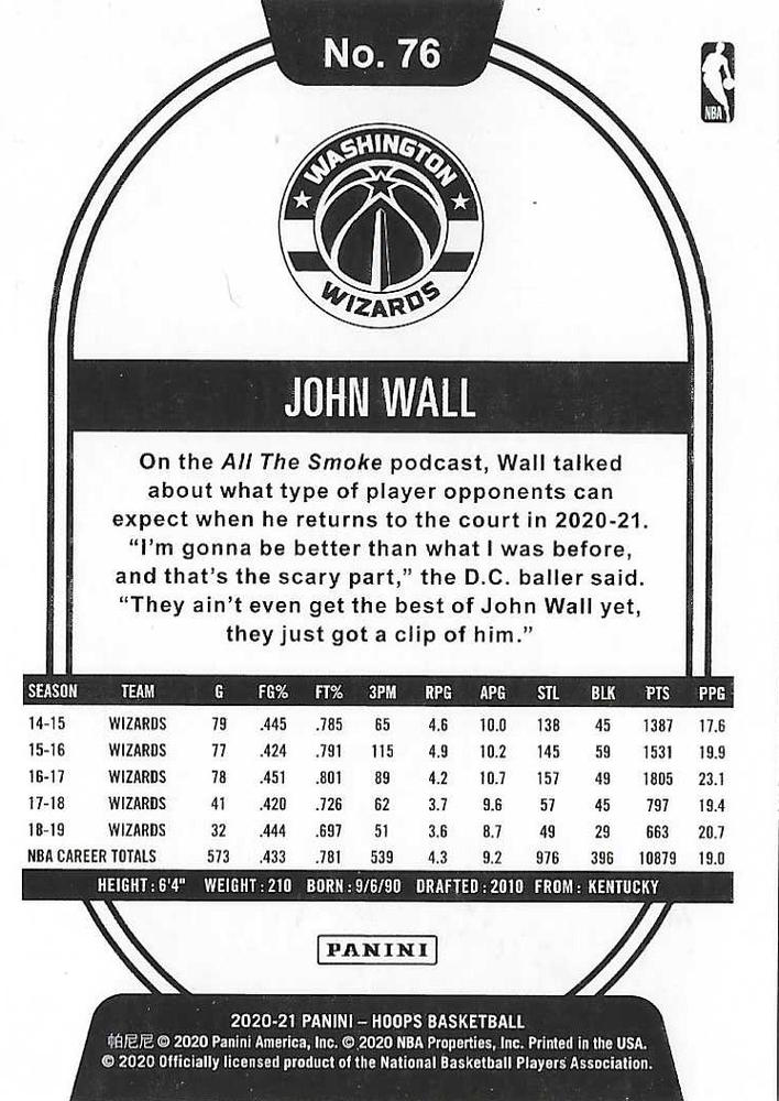 2020 Panini Hoops John Wall #76 Washington Wizards