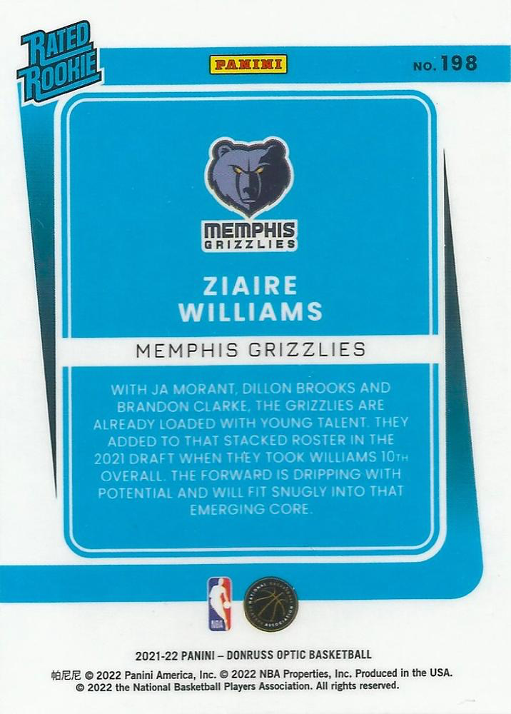 2021 Panini Donruss Optic Ziaire Williams Rated Rookie RC #198 Memphis Grizzlies