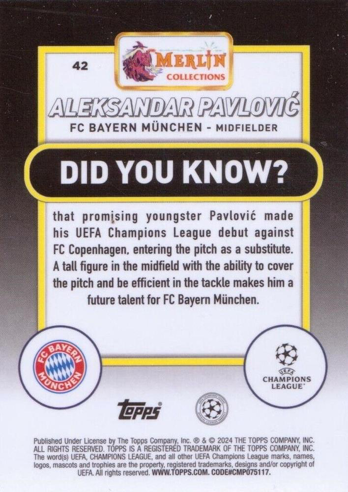 2023 Topps Merlin Chrome UCC Aleksandar Pavlovic RC #42 FC Bayern Munchen