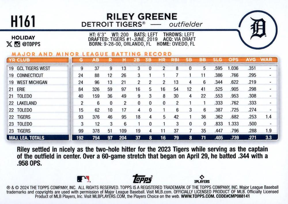 2024 Topps Holiday Riley Greene Detroit Tigers #H161