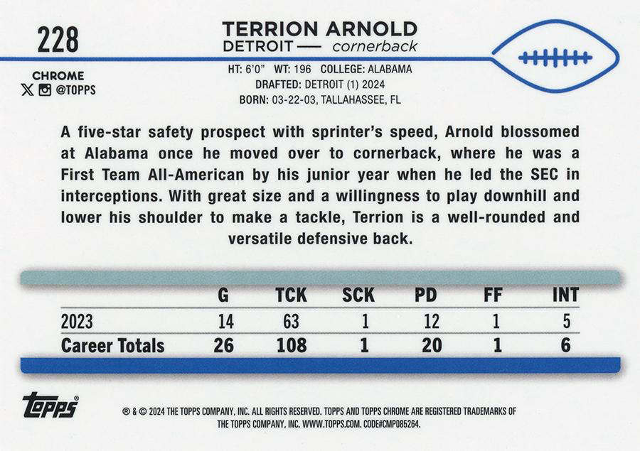2024 Topps Chrome Football Terrion Arnold RC #228 Detroit Lions