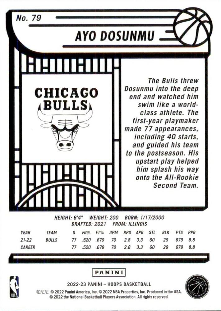 2022 Panini Hoops Ayo Dosunmu #79 Chicago Bulls