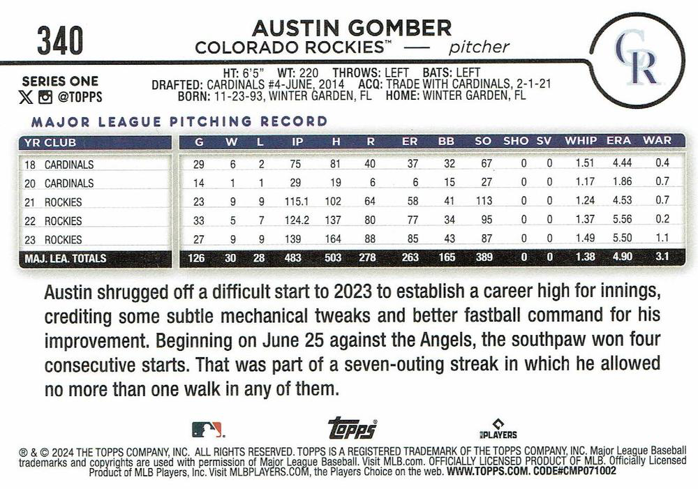 2024 Topps Series 1 Austin Gomber Colorado Rockies #340