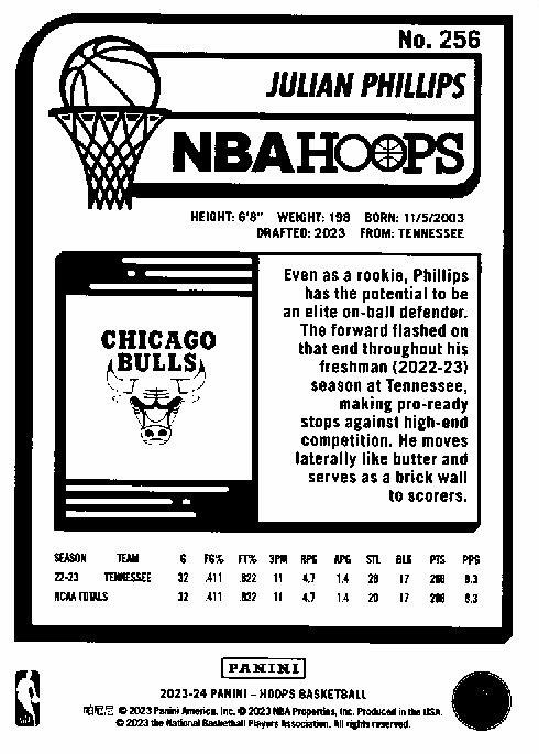 2023 Panini Hoops Julian Phillips RC #256 Chicago Bulls
