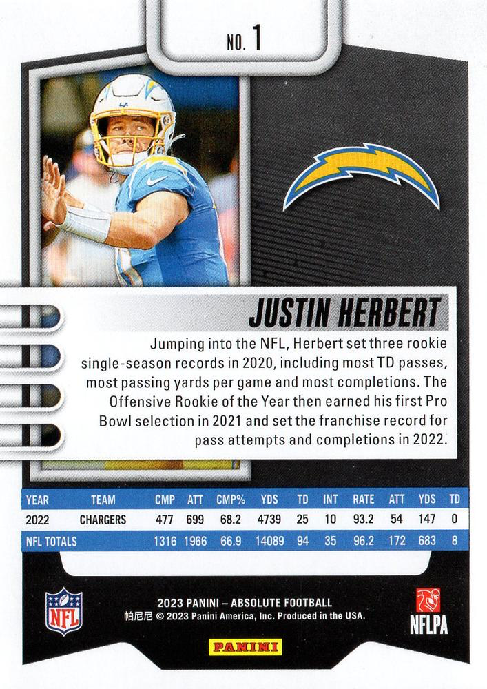 2023 Panini Absolute Justin Herbert #1 Los Angeles Chargers