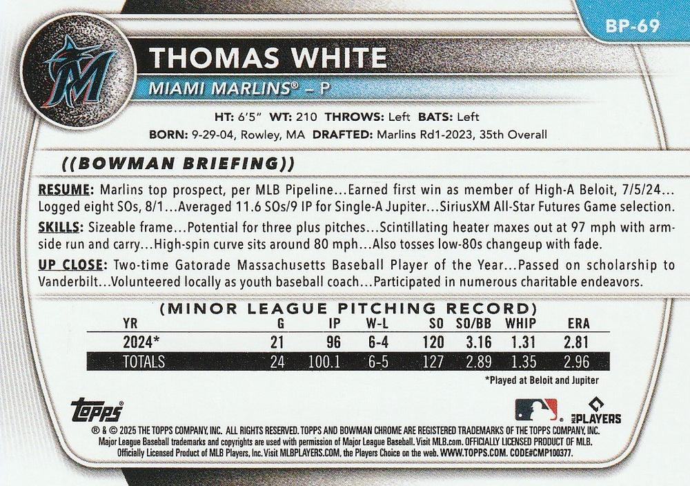 2025 Topps Bowman Prospects Thomas White Miami Marlins #BP-69