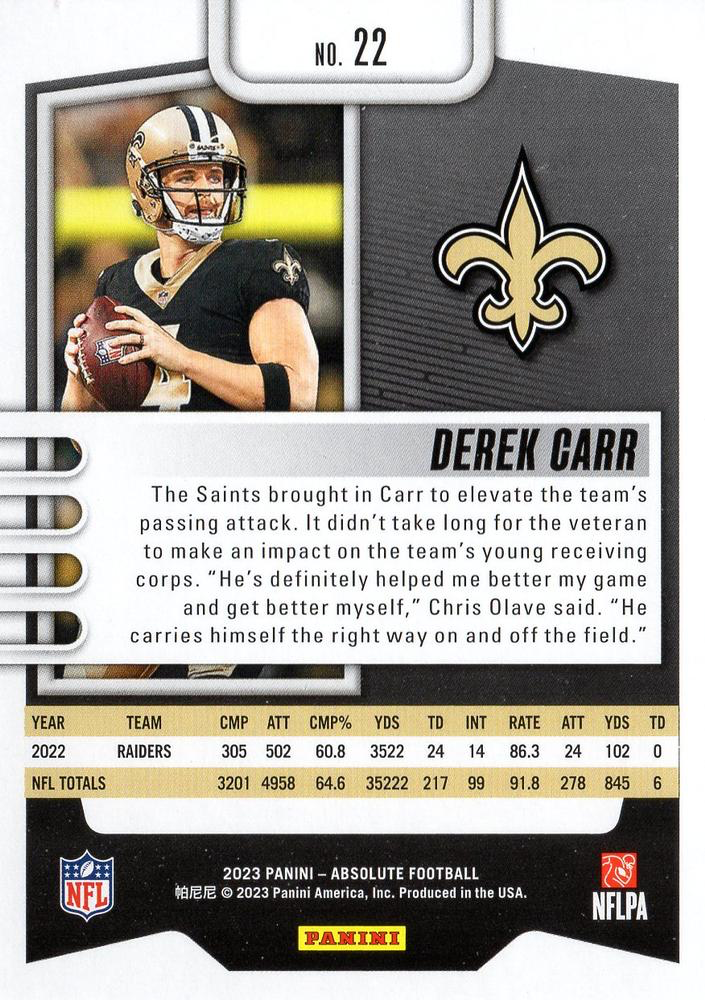 2023 Panini Absolute Derek Carr #22 New Orleans Saints