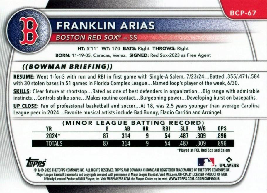2025 Topps Bowman Chrome Prospects Franklin Arias 1st #BCP-67 Boston Red Sox