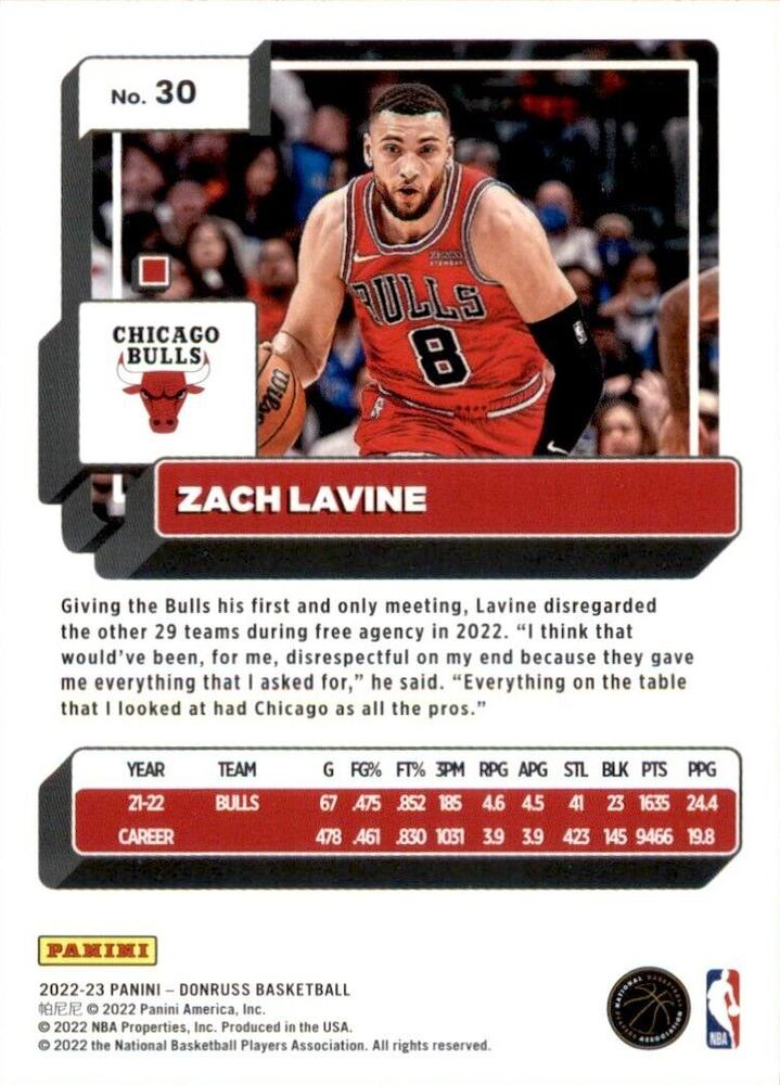 2022 Panini Donruss Zach LaVine #30 Chicago Bulls