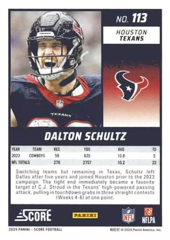 2024 Panini Score Football Dalton Schultz Houston Texans #113