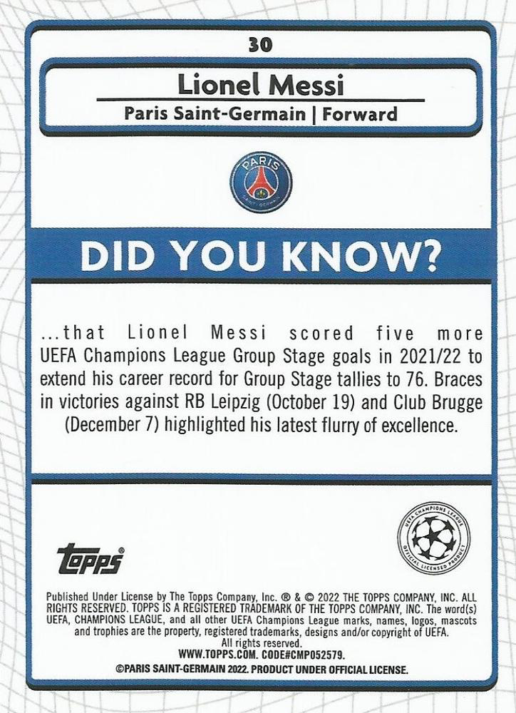 2021 Topps Merlin UEFA Club Competitions Lionel Messi #30 Paris Saint-Germain