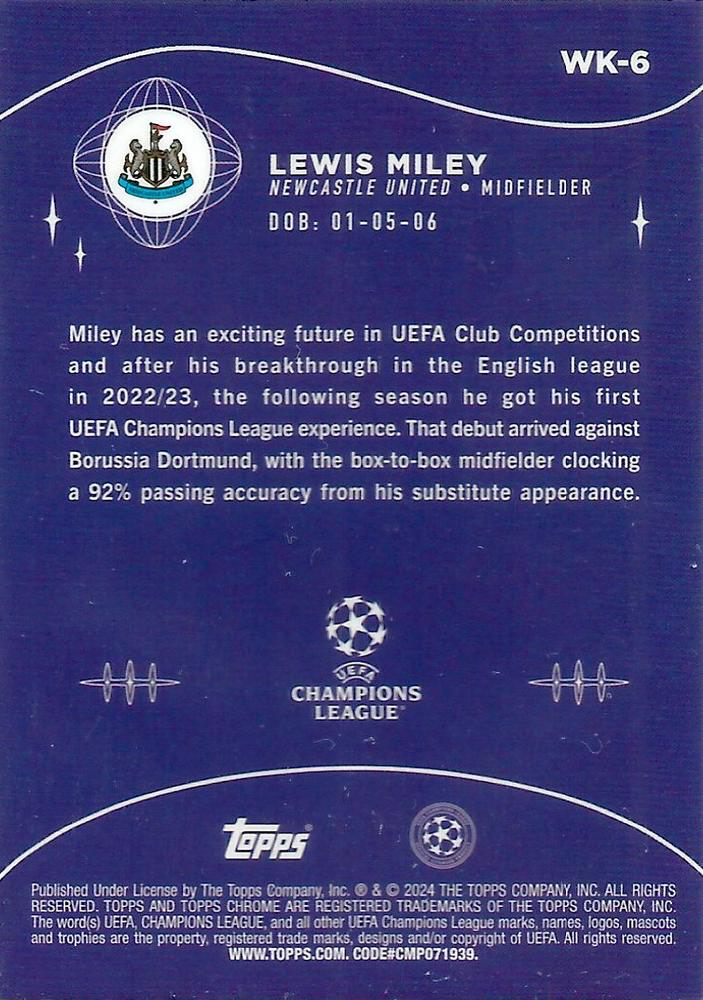 2023 Topps Chrome UEFA Club Competitions Lewis Miley Wonderkids WK-6 Newcastle United