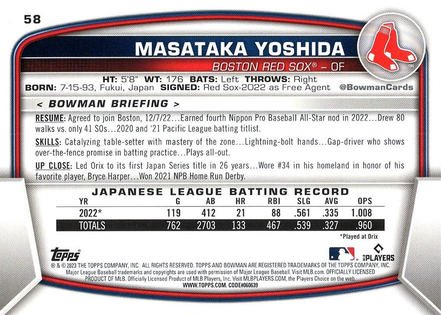 2023 ToppsBowman Masataka Yoshida RC Boston Red Sox #58