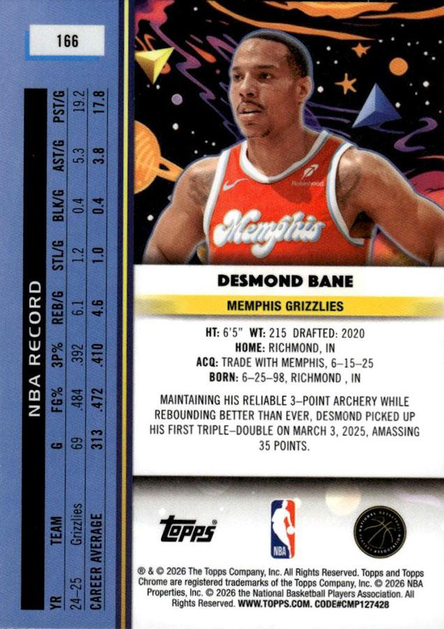2025 Topps Chrome Cosmic Desmond Bane #166 Memphis Grizzlies