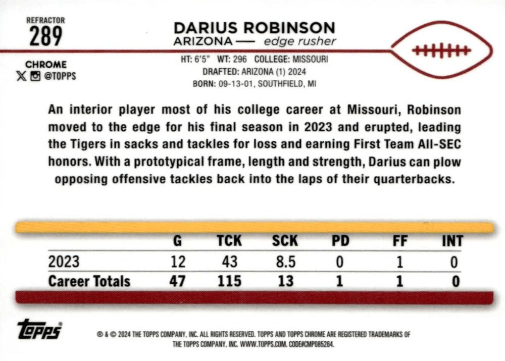 2024 Topps Chrome Football Refractor Darius Robinson RC #289 Arizona Cardinals