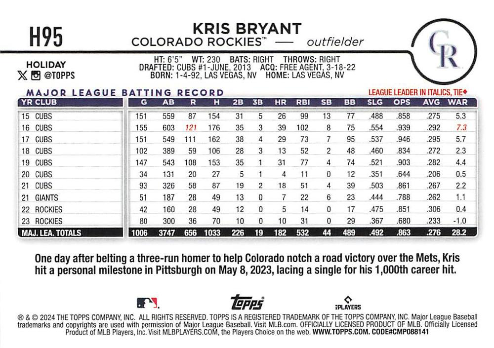 2024 Topps Holiday Kris Bryant Colorado Rockies #H95