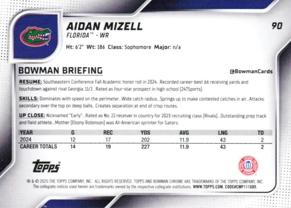 2025 Topps Bowman U Chrome Aidan Mizell 1st #90 Florida Gators