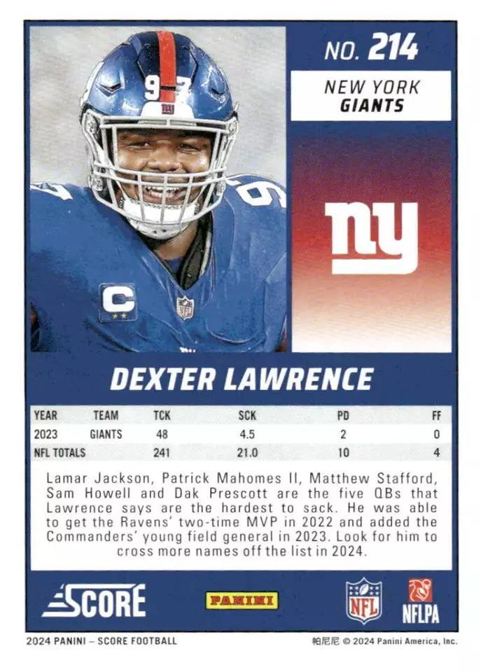2024 Panini Score Football Dexter Lawrence New York Giants #214