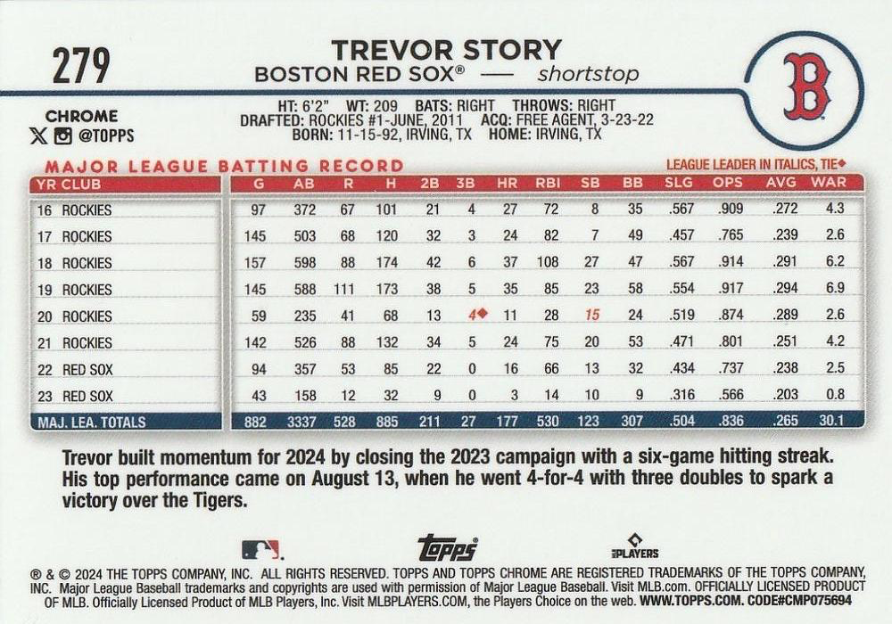2024 Topps Chrome X-Fractor Parallel Trevor Story Boston Red Sox #279