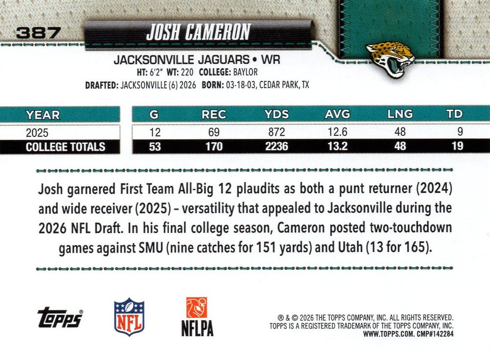 2026 Topps Flagship RC Josh Cameron #387 Jacksonville Jaguars