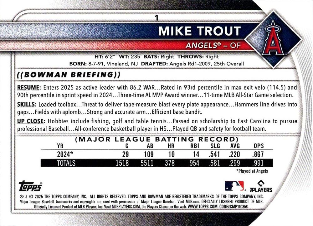 2025 Topps Bowman Mike Trout Los Angeles Angels #1