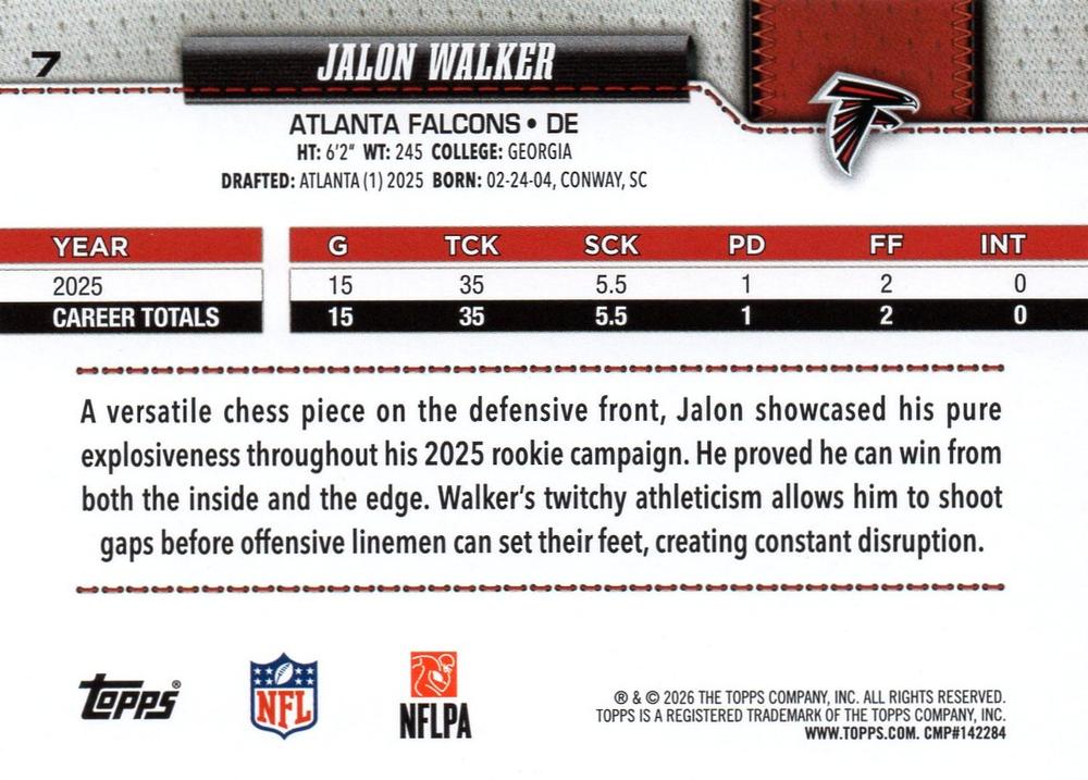 2026 Topps Flagship Jalon Walker #7 Atlanta Falcons
