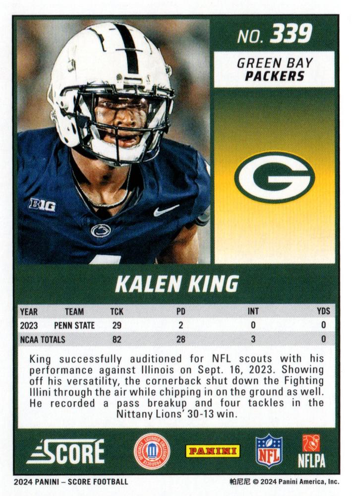 2024 Panini Score Football Kalen King Green Bay Packers #339 RC