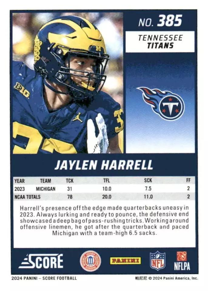 2024 Panini Score Football Jaylen Harrell Tennessee Titans #385 RC