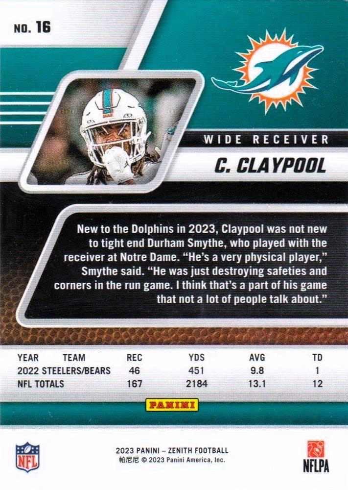 2023 Panini Zenith Chase Claypool #16 Miami Dolphins