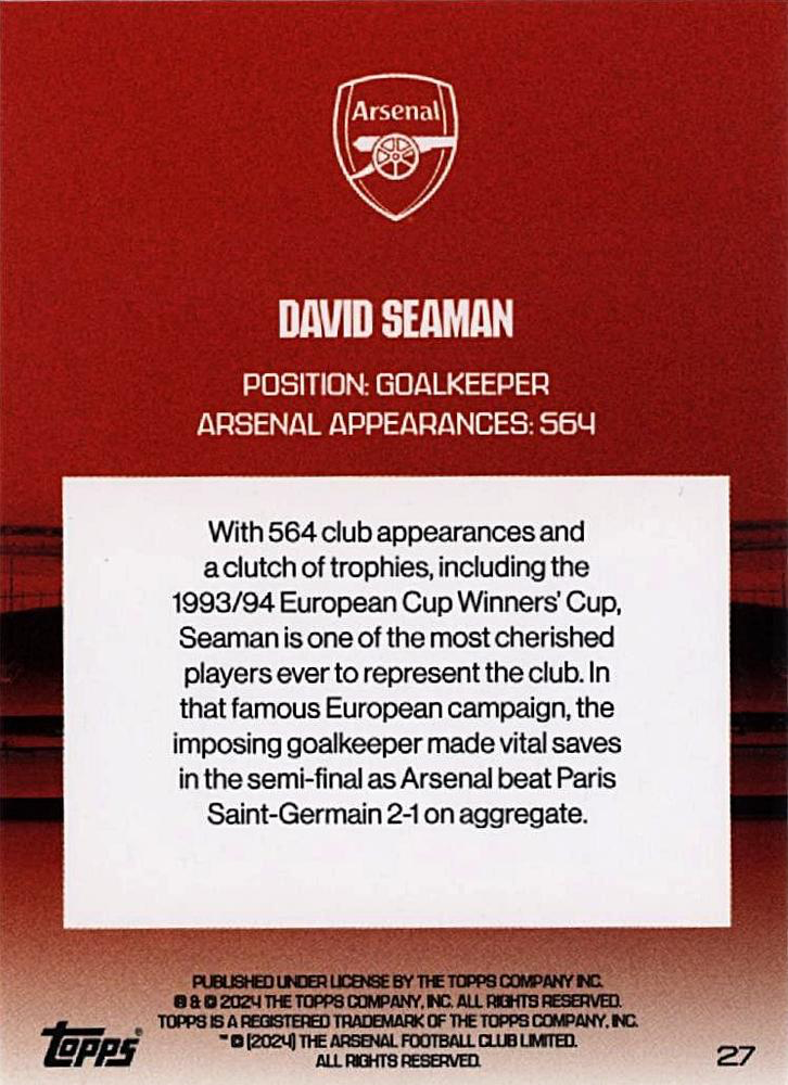 2023 Topps Arsenal Team Set David Seaman North London Forever #27 Arsenal FC