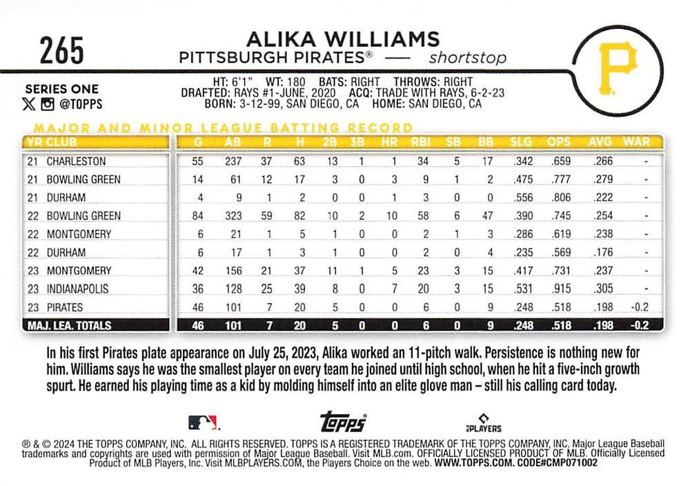 2024 Topps Series 1 Alika Williams RC Pittsburgh Pirates #265