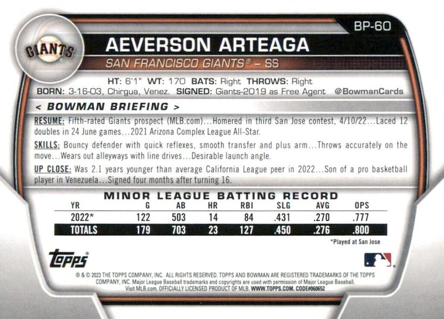 2023 Topps Bowman Paper Prospects Aeverson Arteaga San Francisco Giants #BP-60