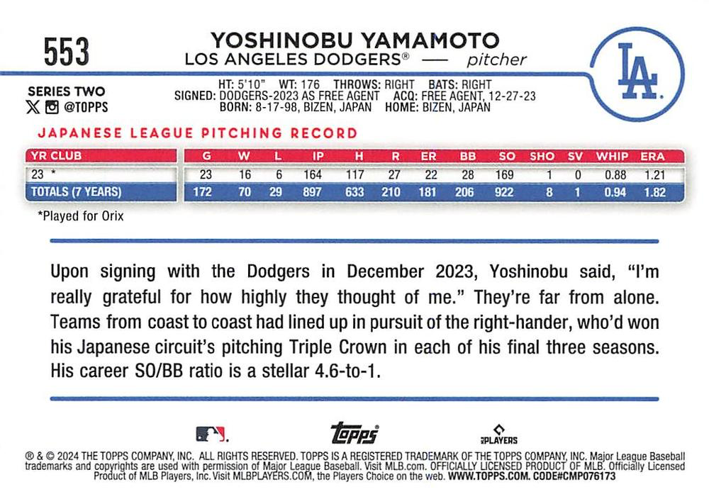 2024 Topps Series 2 Yoshinobu Yamamoto RC #553 Los Angeles Dodgers