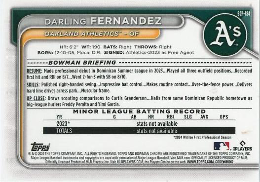 2024 Topps Bowman Chrome Prospects 1ST Darling Fernandez Oakland Athletics #BCP-184