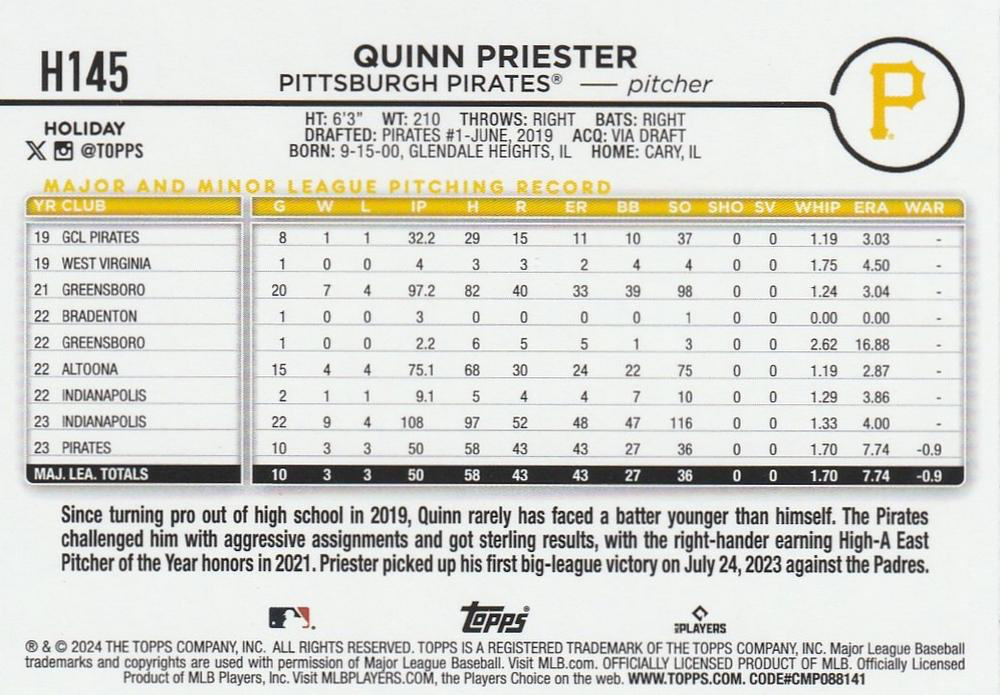 2024 Topps Holiday Quinn Priester RC Pittsburgh Pirates #H145