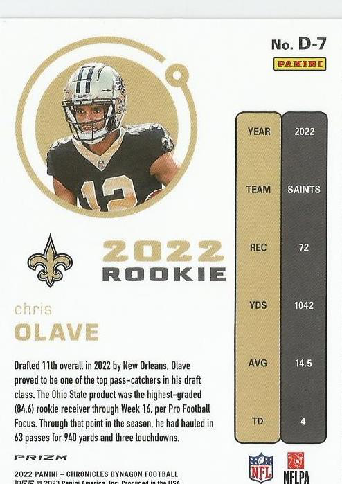 2022 Panini Chronicles Dynagon Rookies Silver RC Chris Olave #D-7 New Orleans Saints