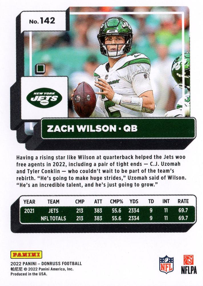 2022 Panini Donruss Zach Wilson #142 New York Jets