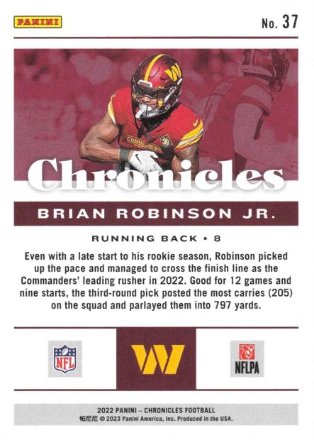 2022 Panini Chronicles Brian Robinson Jr. RC #37 Washington Commanders