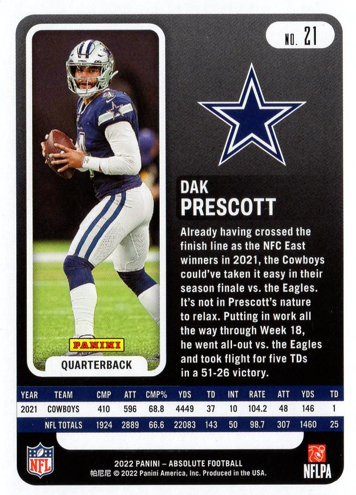 2022 Panini Absolute Dak Prescott #21 Dallas Cowboys