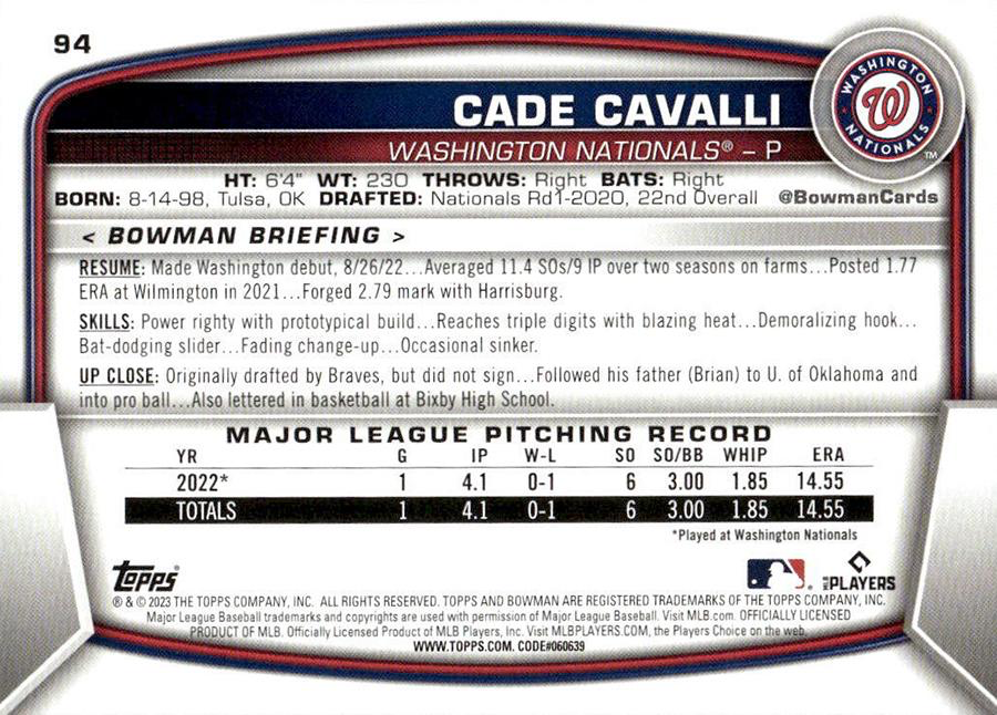 2023 Topps Bowman Cade Cavalli RC Washington Nationals #94