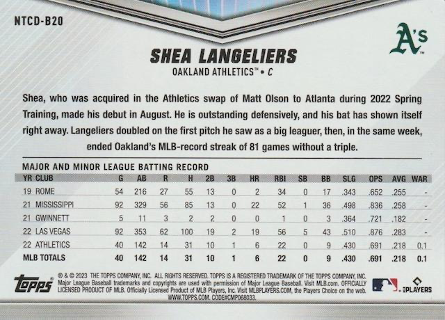 2023 Topps NTCD Shea Langeliers RC Oakland Athletics #NTCD-B20