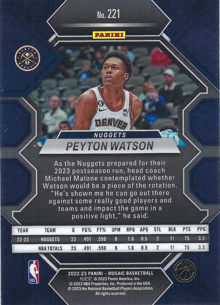 2022 Panini Mosaic Peyton Watson RC #221 Denver Nuggets