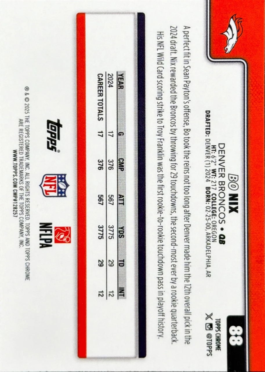 2025 Topps Chrome NFL Bo Nix #88 Denver Broncos