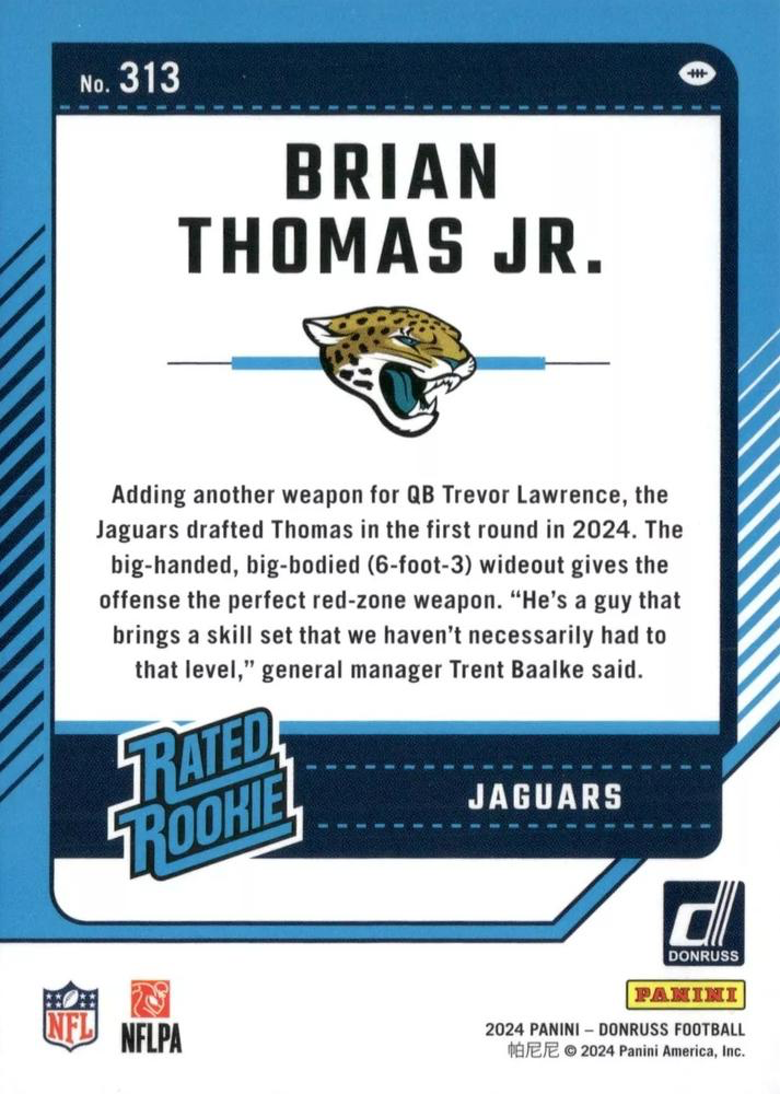2024 Panini Donruss Brian Thomas Jr Rated Rookie RC#313 Jacksonville Jaguars