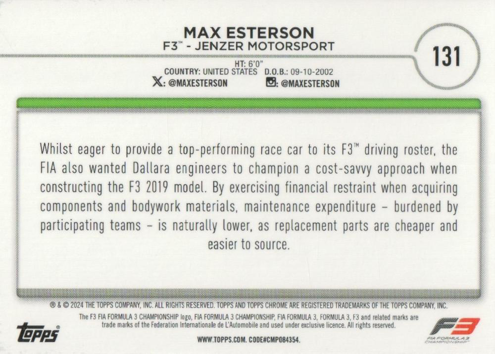 2024 Topps Chrome Formula 1 Max Esterson F3C #131 Jenzer Motorsport