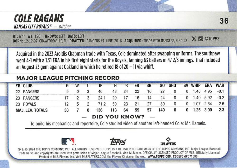 2024 Topps Big League Common Cole Ragans Kansas City Royals #36