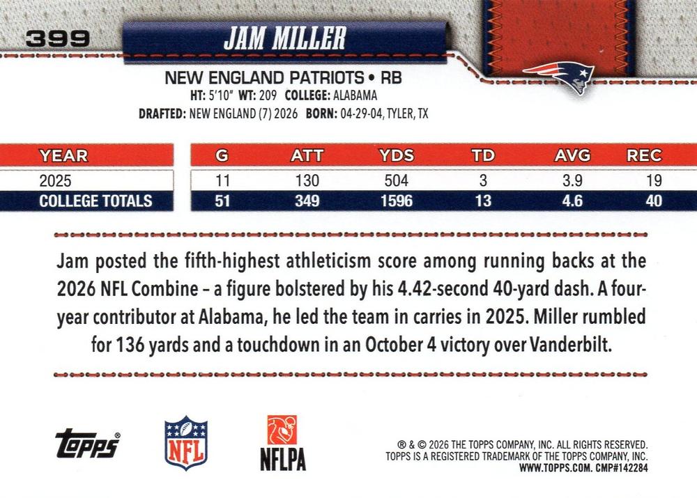 2026 Topps Flagship RC Jam Miller #399 New England Patriots