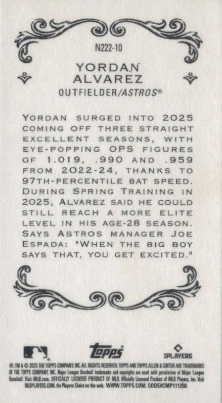 2025 Topps Allen & Ginter Mini 1889 N222 Yordan Alvarez #N222-10 Houston Astros