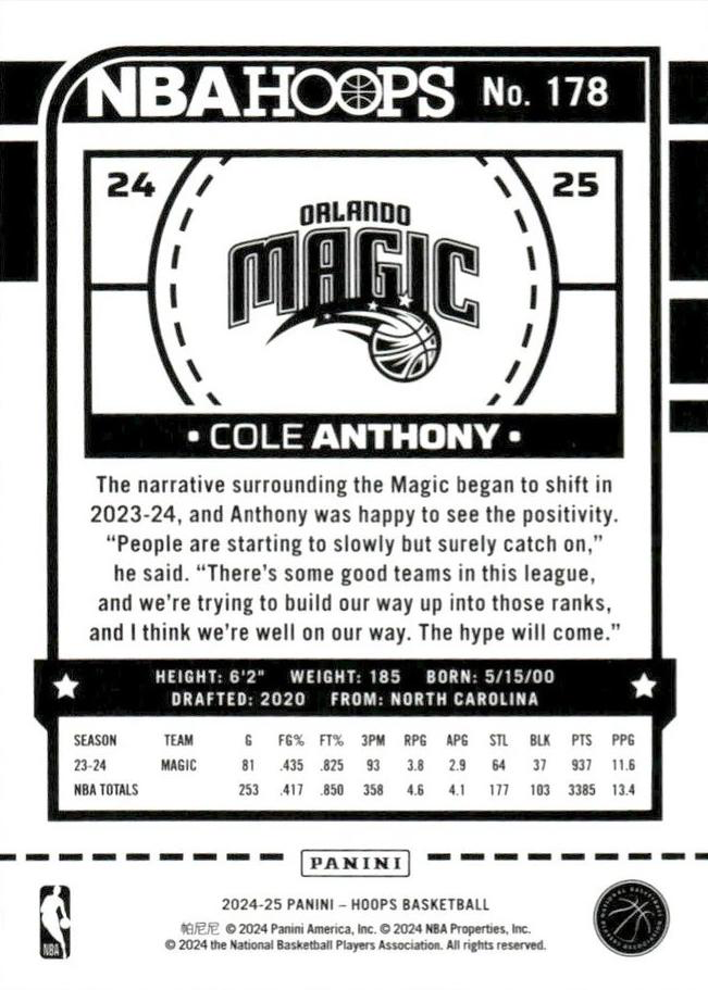 2024 Panini Hoops Cole Anthony #178 Orlando Magic